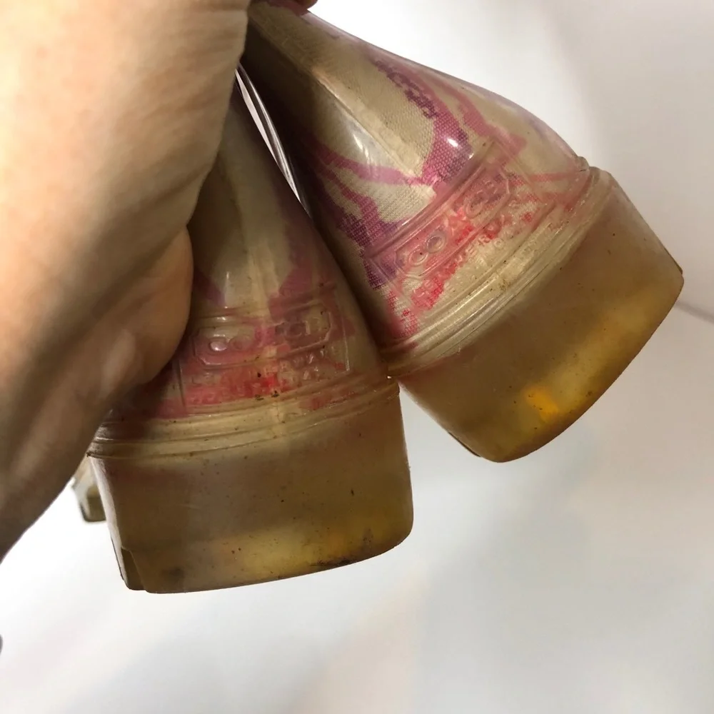 Coach Multicolor Cream Rain Boots with Pink, Yellow & Blue Ring Print